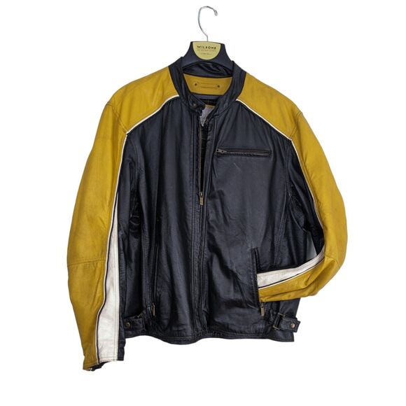 Vintage Wilsons Leather Jacket Motorcycle Racer Yellow Moto Black Y2K XXL FLAW - Picture 1 of 16